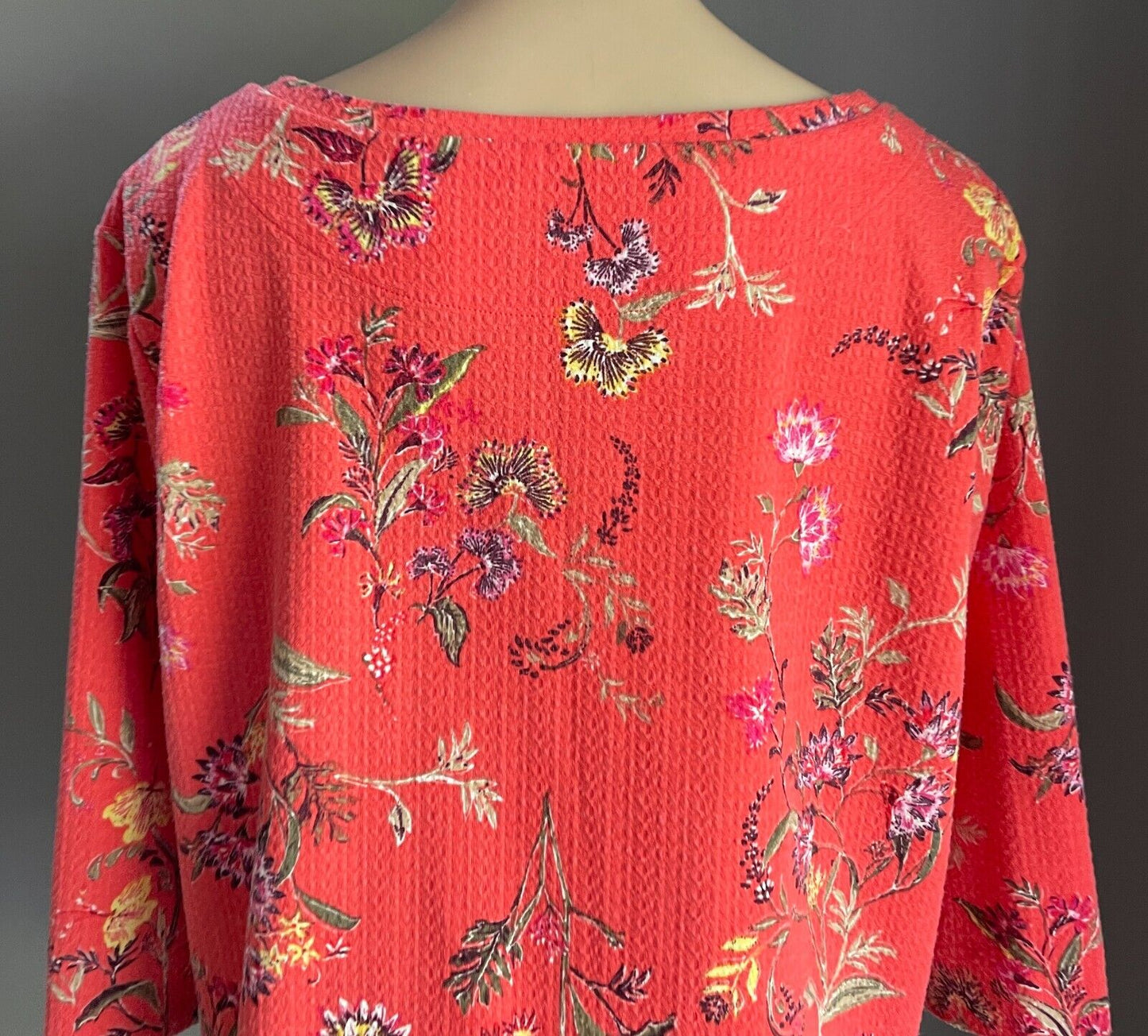 M&S COLLECTION Top Coral Red Orange Floral Print Boat Neck 3/4 Sleeve Size 14