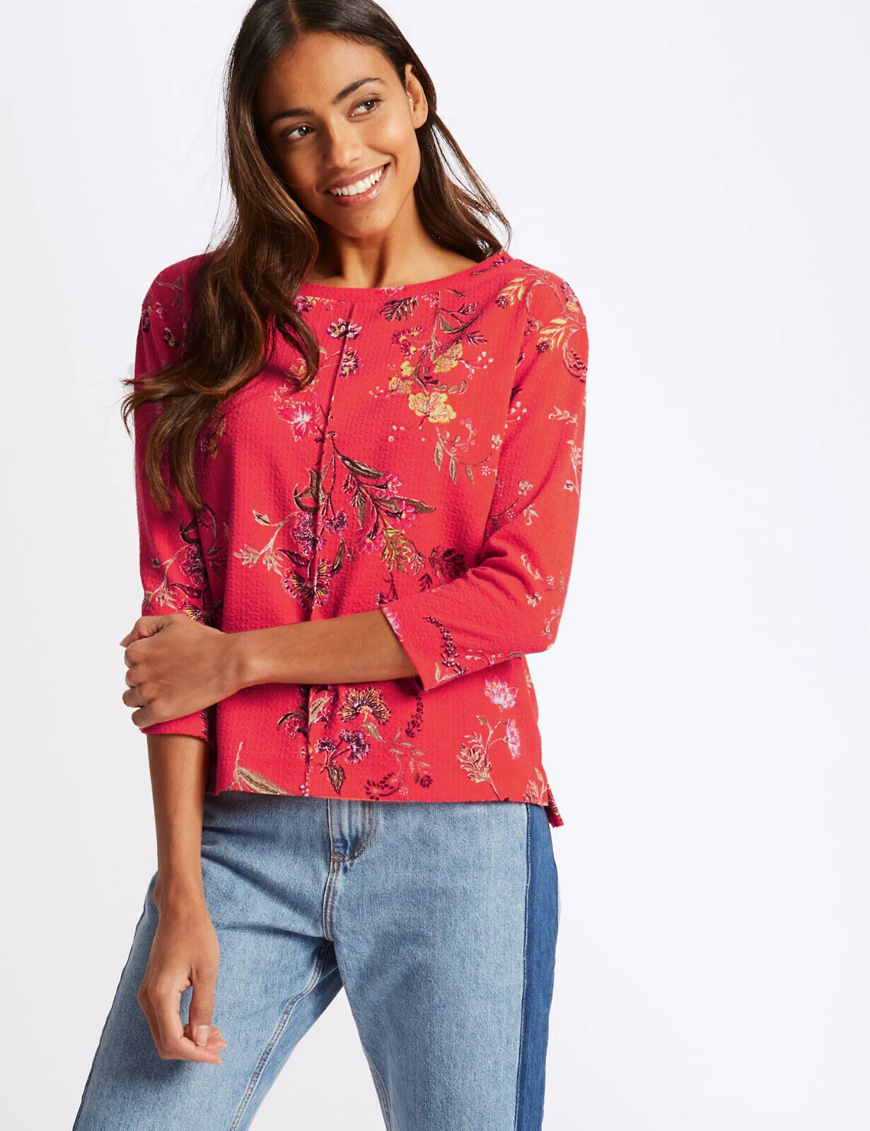 M&S COLLECTION Top Coral Red Orange Floral Print Boat Neck 3/4 Sleeve Size 14