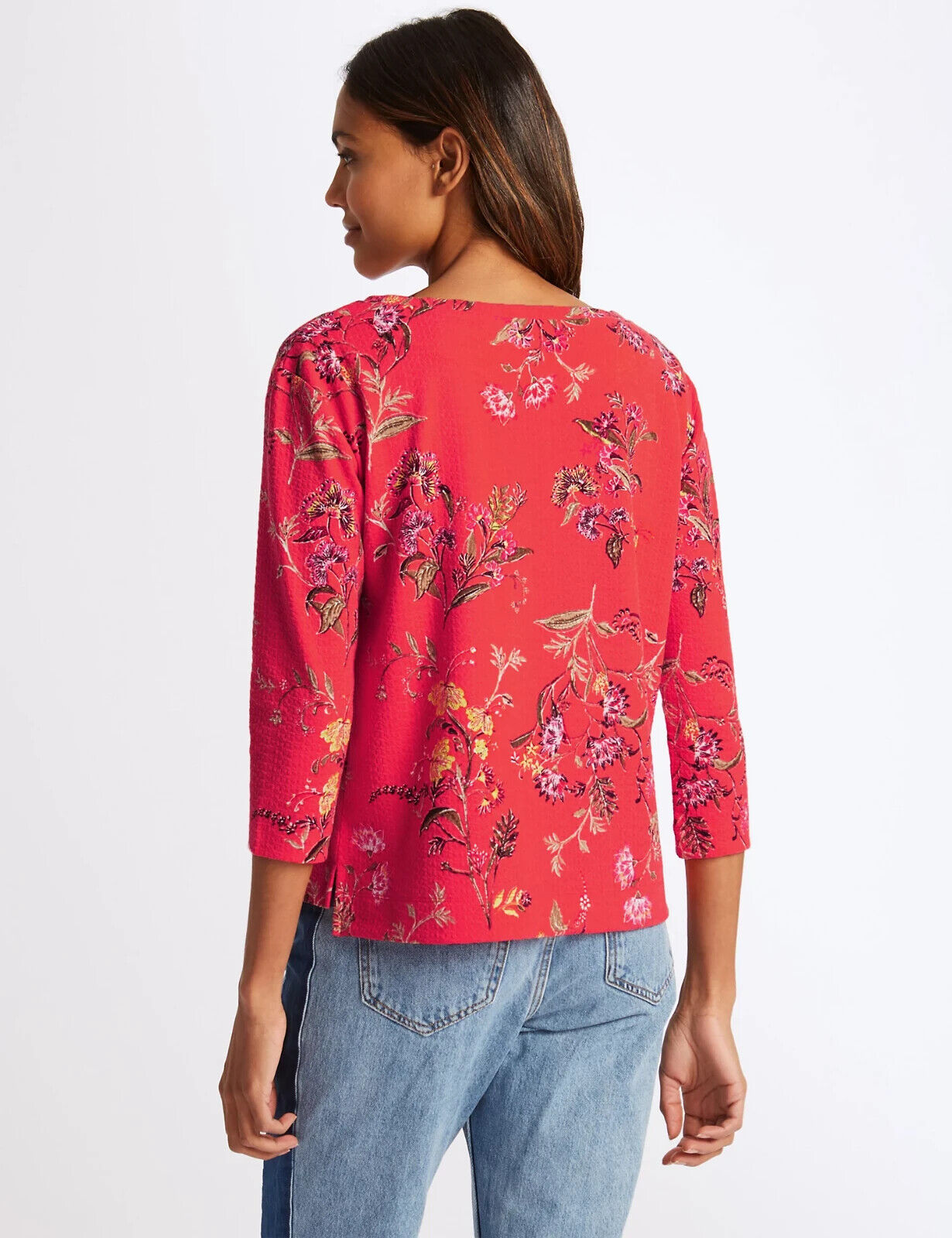 M&S COLLECTION Top Coral Red Orange Floral Print Boat Neck 3/4 Sleeve Size 14
