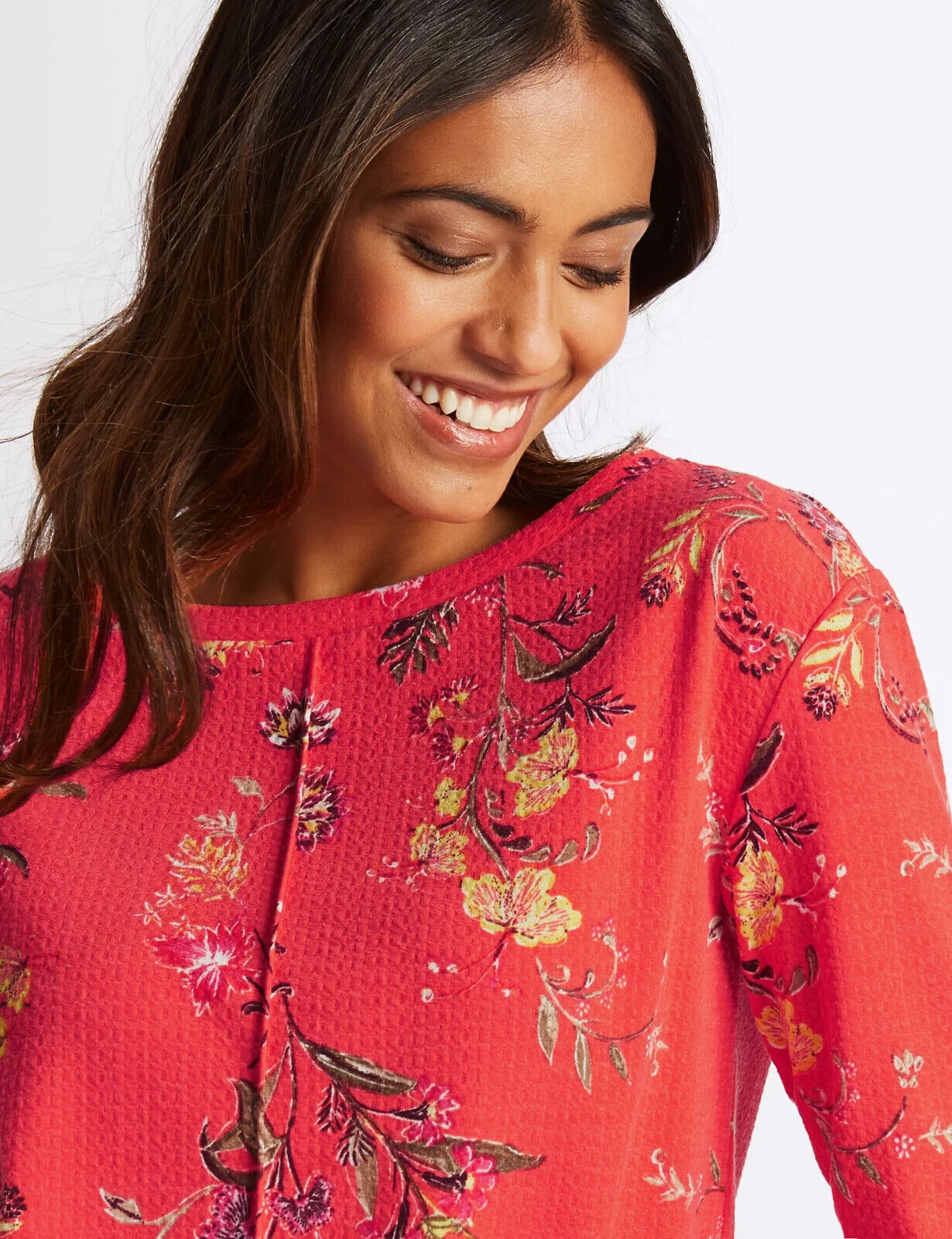 M&S COLLECTION Top Coral Red Orange Floral Print Boat Neck 3/4 Sleeve Size 14