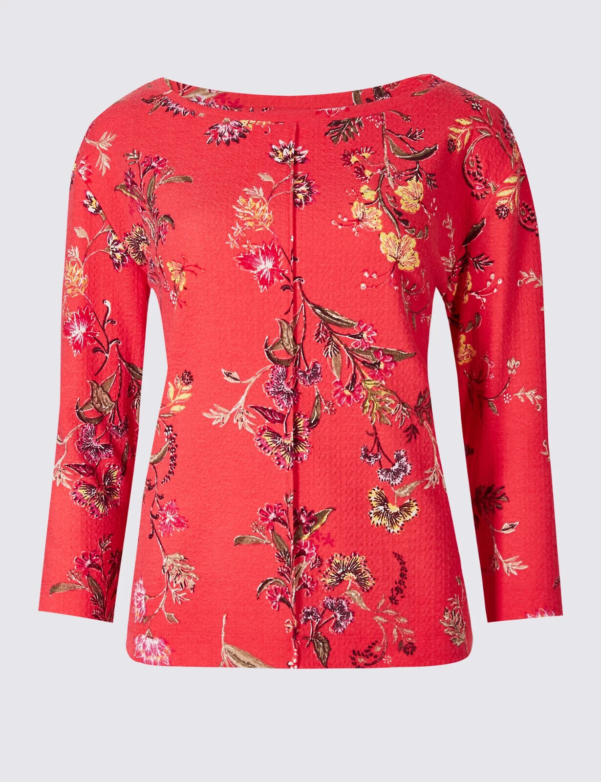 M&S COLLECTION Top Coral Red Orange Floral Print Boat Neck 3/4 Sleeve Size 14