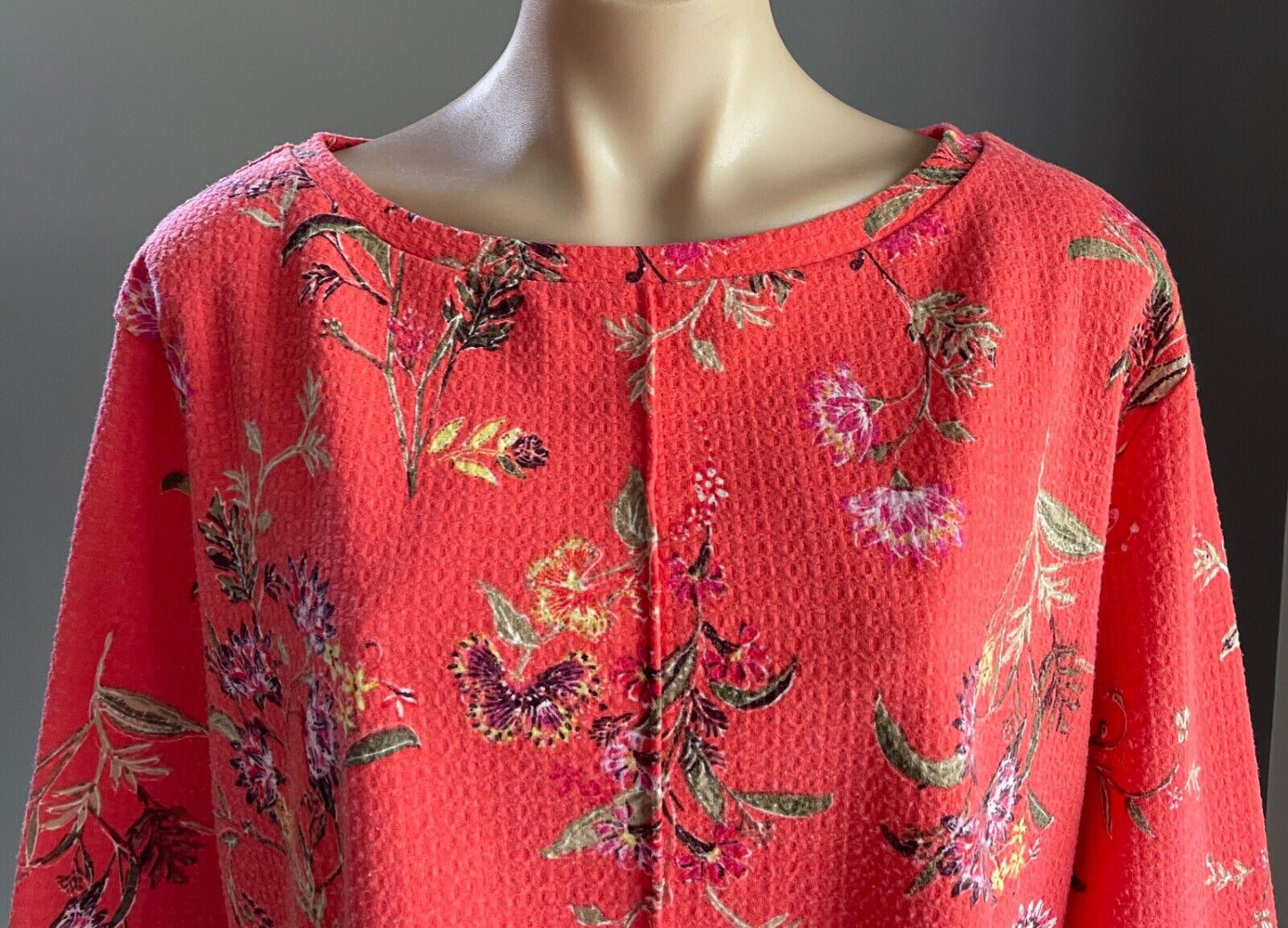M&S COLLECTION Top Coral Red Orange Floral Print Boat Neck 3/4 Sleeve Size 14