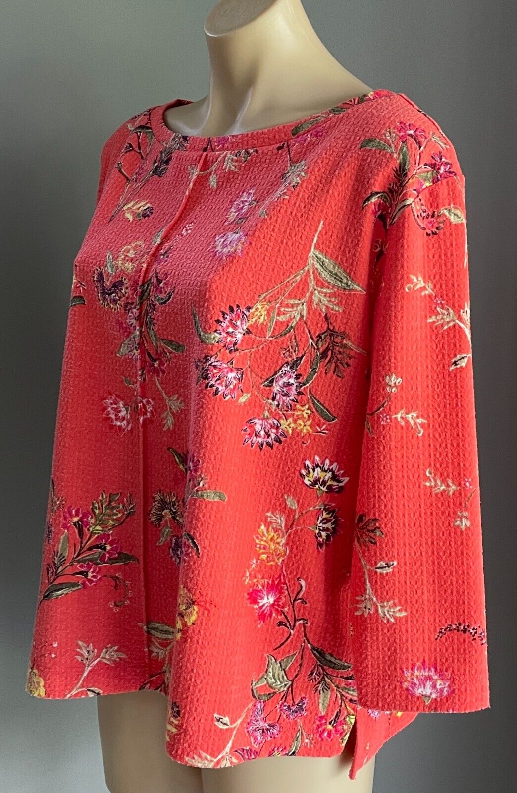 M&S COLLECTION Top Coral Red Orange Floral Print Boat Neck 3/4 Sleeve Size 14