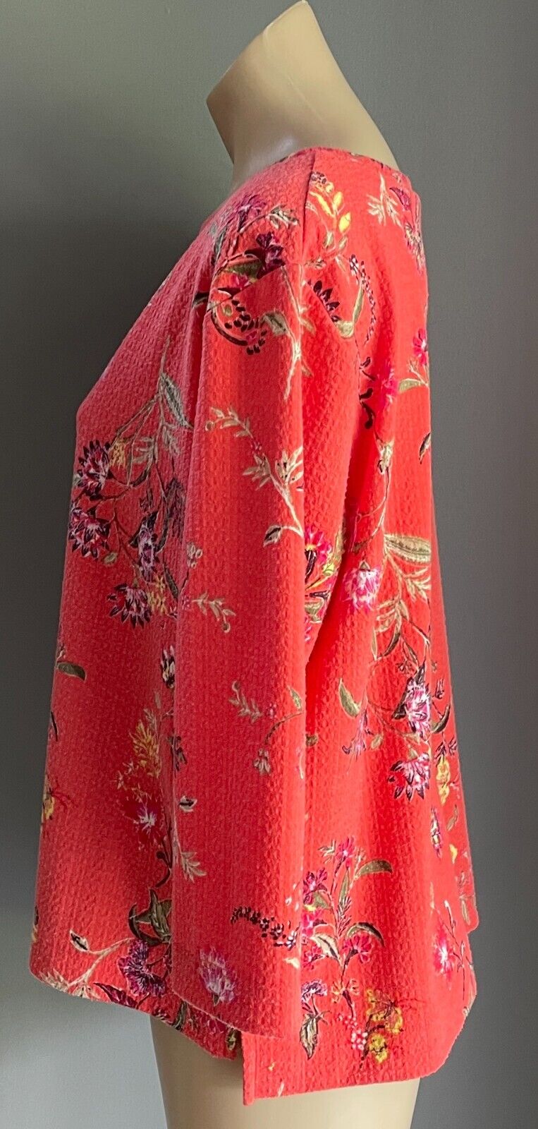 M&S COLLECTION Top Coral Red Orange Floral Print Boat Neck 3/4 Sleeve Size 14