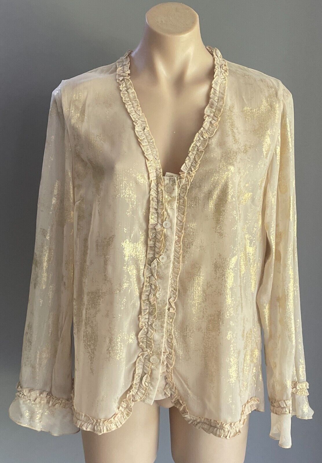 QUEENSPARK WOMAN Blouse Gold Shimmer L/Sleeve Ruffle Semi Sheer Top Size 14 NEW