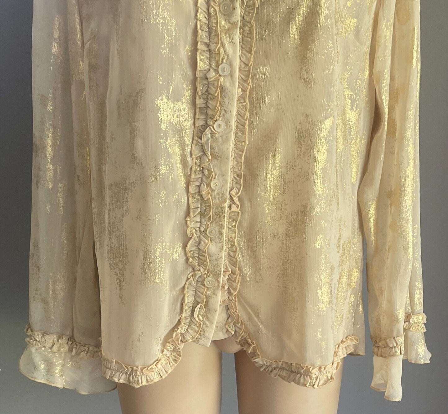 QUEENSPARK WOMAN Blouse Gold Shimmer L/Sleeve Ruffle Semi Sheer Top Size 14 NEW