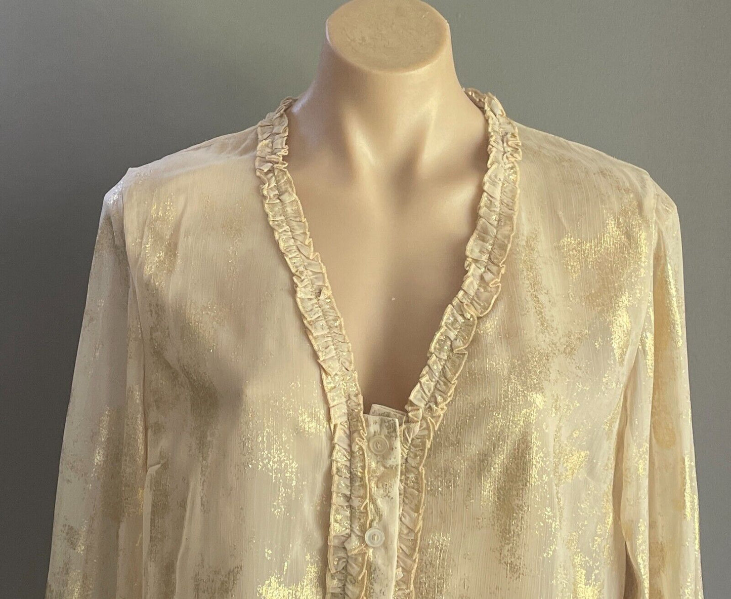 QUEENSPARK WOMAN Blouse Gold Shimmer L/Sleeve Ruffle Semi Sheer Top Size 14 NEW
