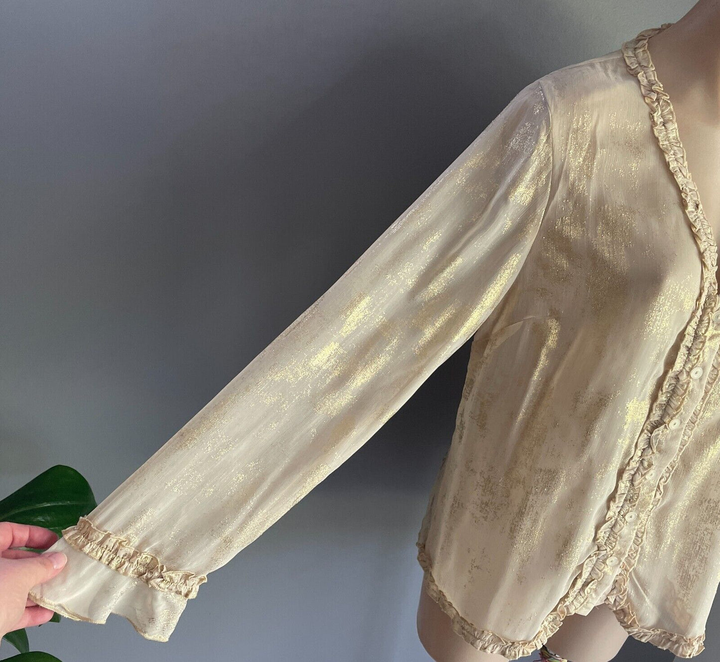 QUEENSPARK WOMAN Blouse Gold Shimmer L/Sleeve Ruffle Semi Sheer Top Size 14 NEW