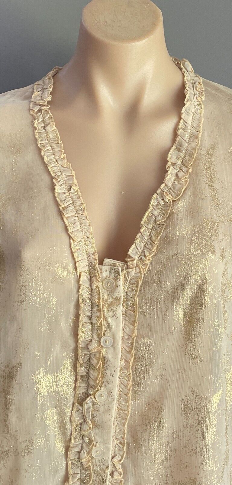 QUEENSPARK WOMAN Blouse Gold Shimmer L/Sleeve Ruffle Semi Sheer Top Size 14 NEW