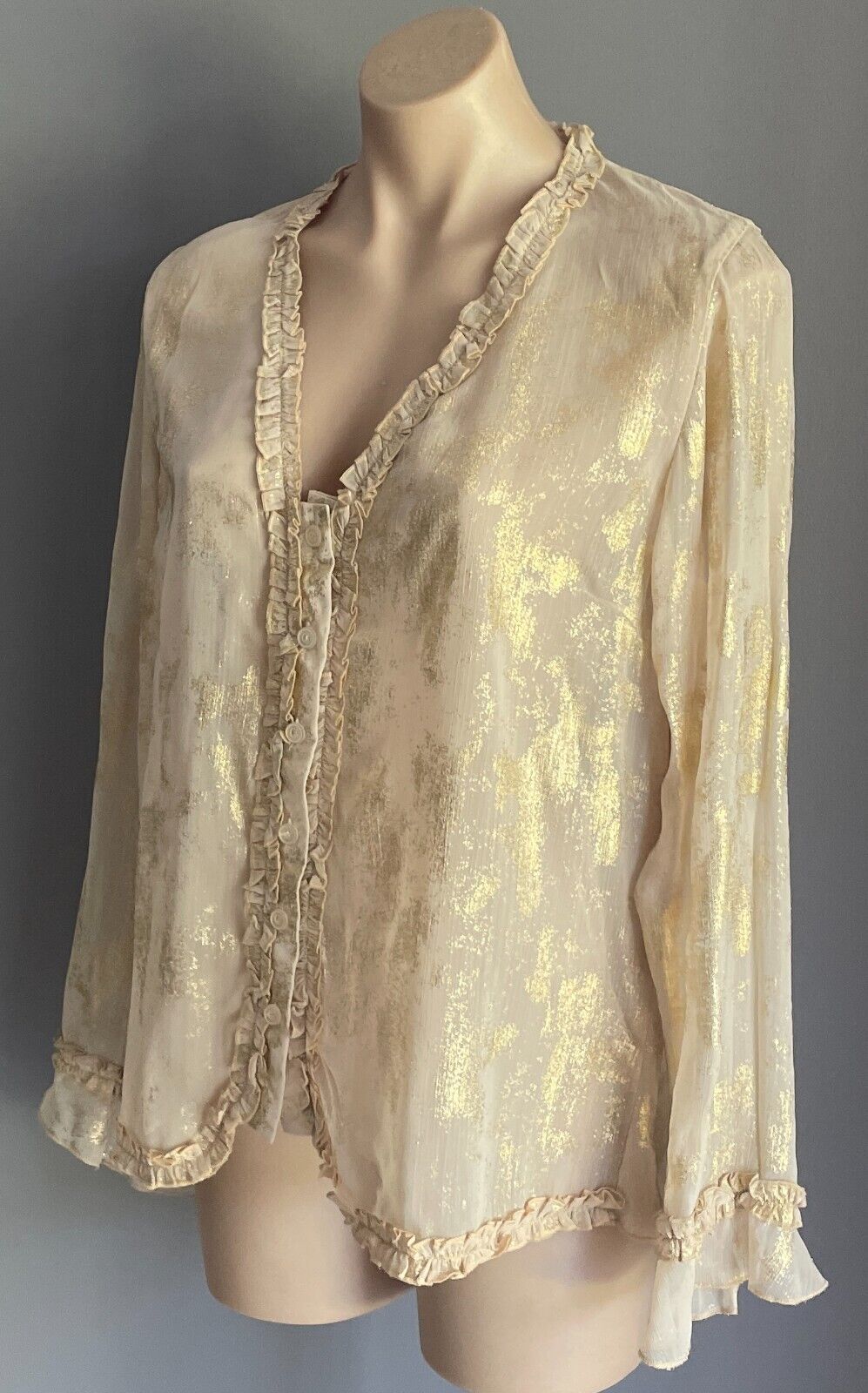 QUEENSPARK WOMAN Blouse Gold Shimmer L/Sleeve Ruffle Semi Sheer Top Size 14 NEW