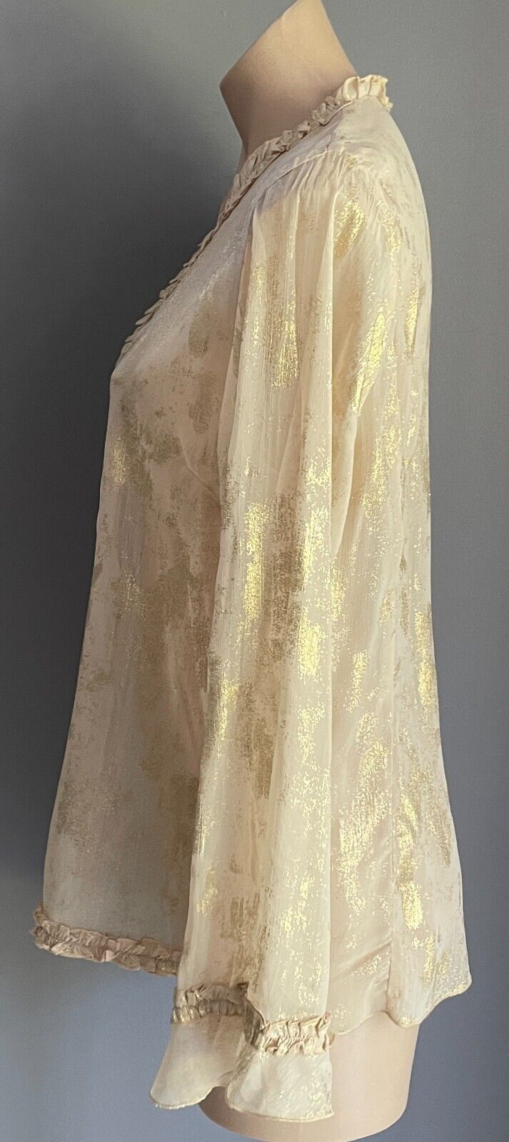 QUEENSPARK WOMAN Blouse Gold Shimmer L/Sleeve Ruffle Semi Sheer Top Size 14 NEW