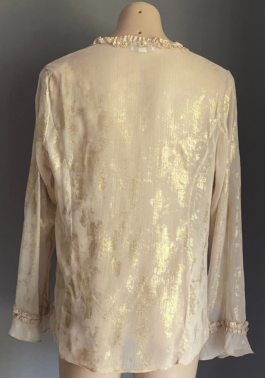 QUEENSPARK WOMAN Blouse Gold Shimmer L/Sleeve Ruffle Semi Sheer Top Size 14 NEW