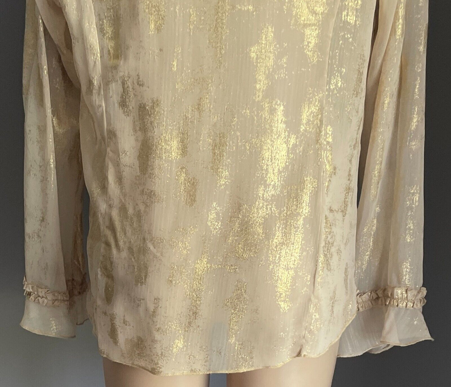 QUEENSPARK WOMAN Blouse Gold Shimmer L/Sleeve Ruffle Semi Sheer Top Size 14 NEW