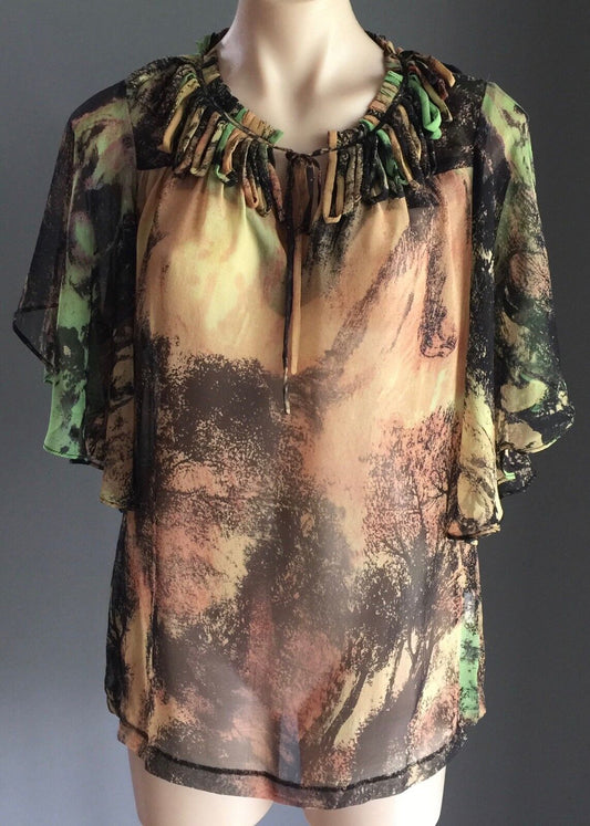 HONEY & BEAU Top MultiColoured Tree Forest Print Sheer Silk Blouse Ladies Sz 14