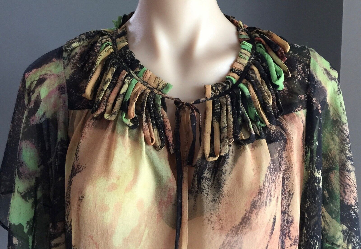 HONEY & BEAU Top MultiColoured Tree Forest Print Sheer Silk Blouse Ladies Sz 14