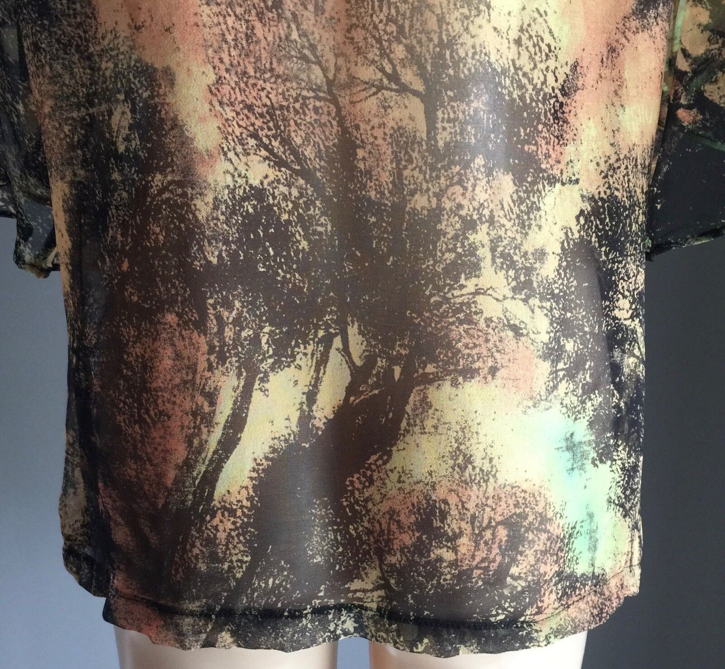 HONEY & BEAU Top MultiColoured Tree Forest Print Sheer Silk Blouse Ladies Sz 14