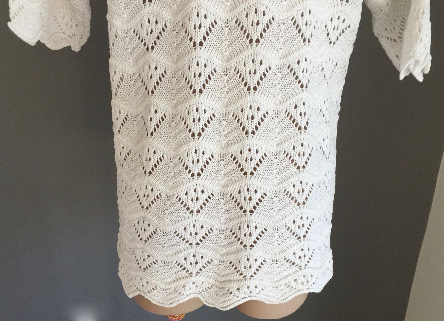 NICE BODY Knit Top Thick White Crocket Look Top Ornate Short Sleeve Size 14 Vtg