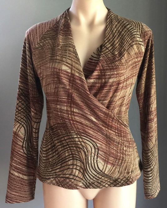 GEORGE Knit Top Long Sleeve Brown Hues Print Pattern Cross Over Stretch Size 14