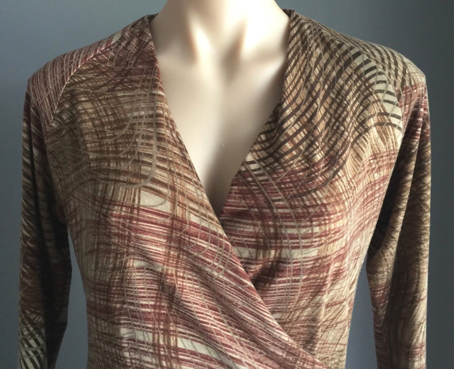 GEORGE Knit Top Long Sleeve Brown Hues Print Pattern Cross Over Stretch Size 14