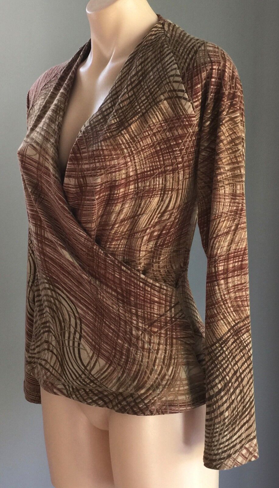 GEORGE Knit Top Long Sleeve Brown Hues Print Pattern Cross Over Stretch Size 14