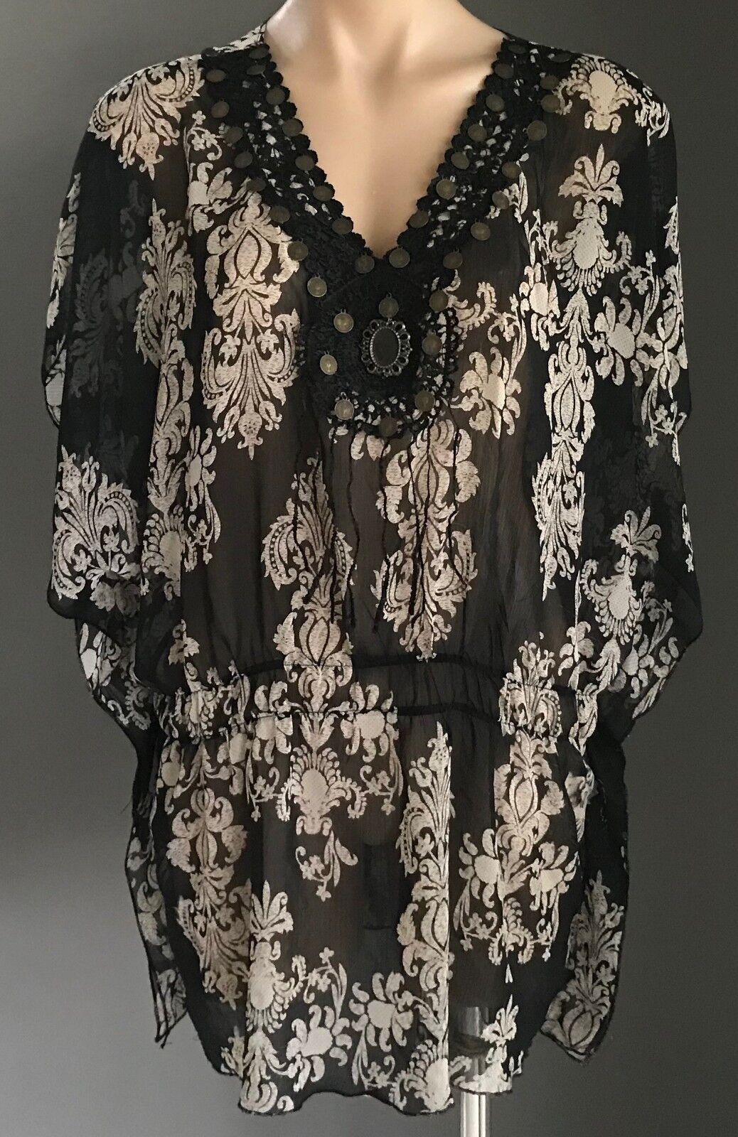 TEABERRY Top Sheer Black Ivory Baroque Print Peasant Style Blouse Size 14