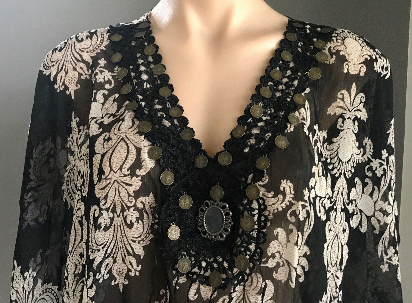 TEABERRY Top Sheer Black Ivory Baroque Print Peasant Style Blouse Size 14