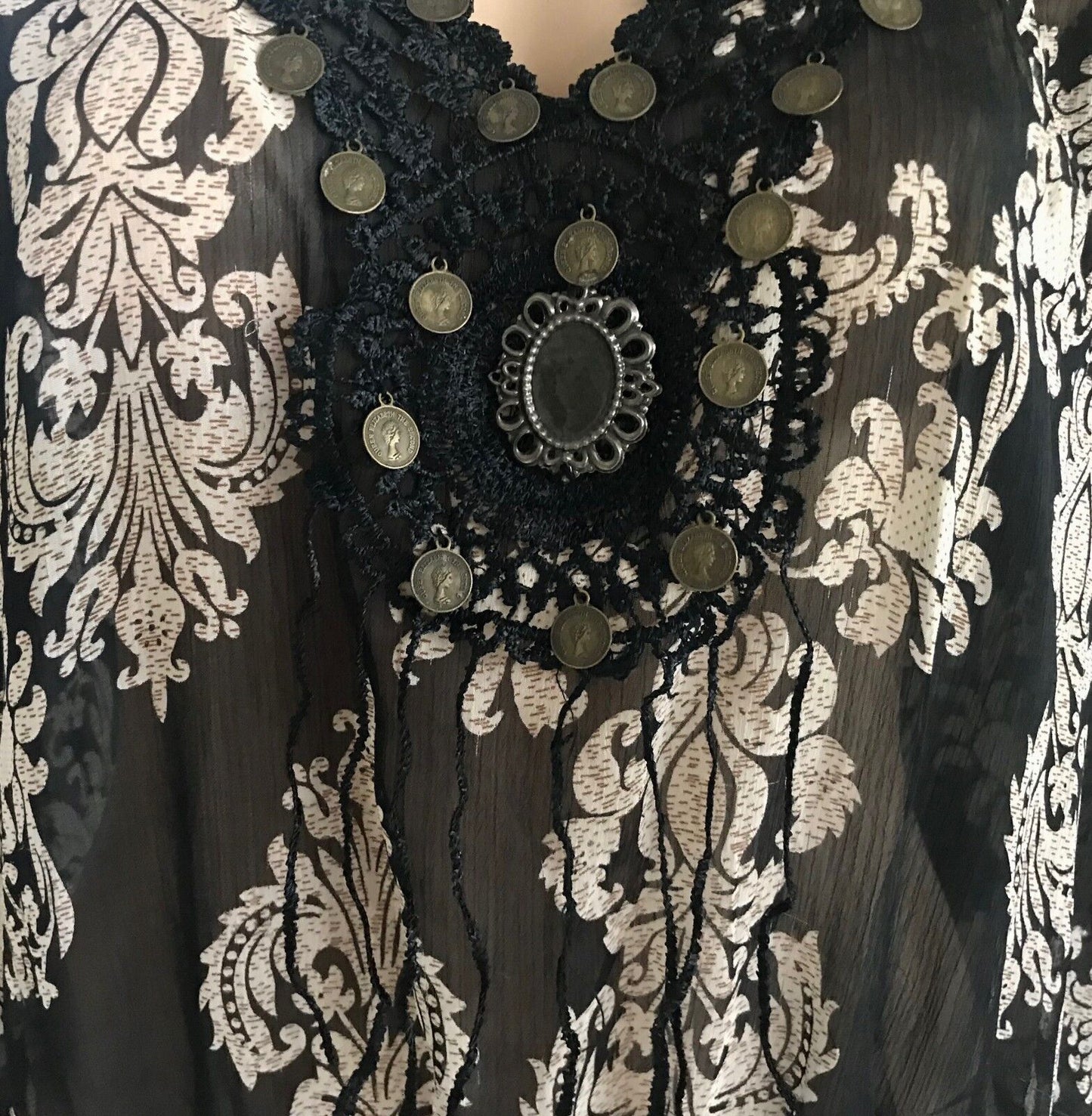 TEABERRY Top Sheer Black Ivory Baroque Print Peasant Style Blouse Size 14