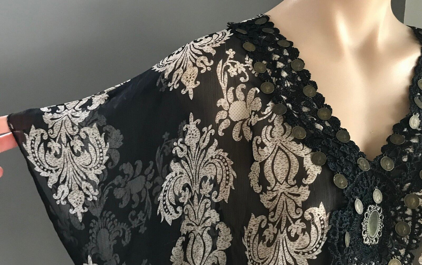 TEABERRY Top Sheer Black Ivory Baroque Print Peasant Style Blouse Size 14
