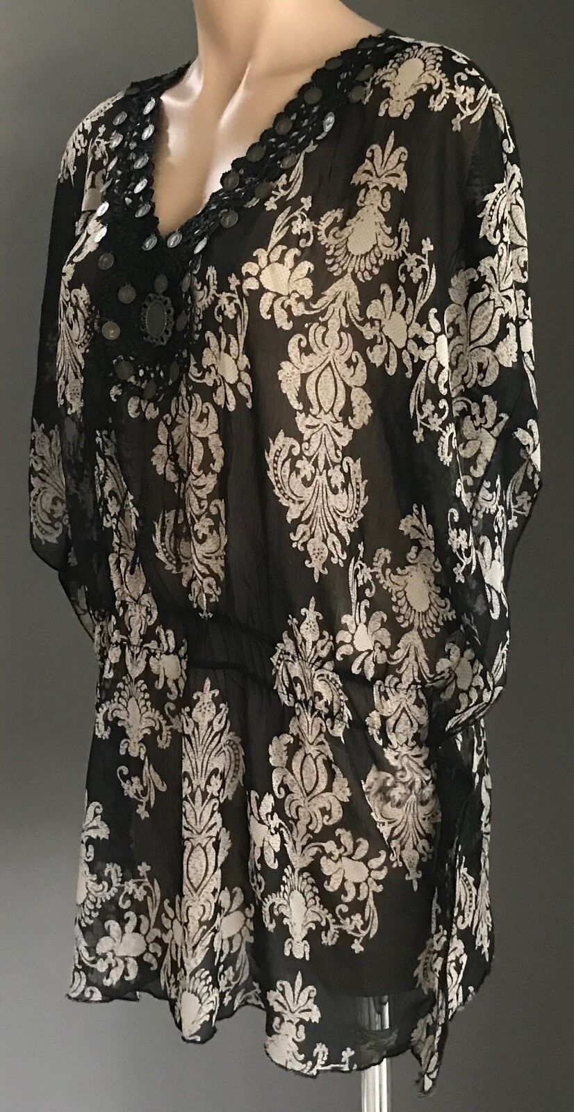 TEABERRY Top Sheer Black Ivory Baroque Print Peasant Style Blouse Size 14