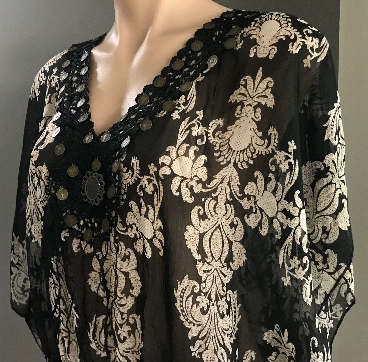 TEABERRY Top Sheer Black Ivory Baroque Print Peasant Style Blouse Size 14