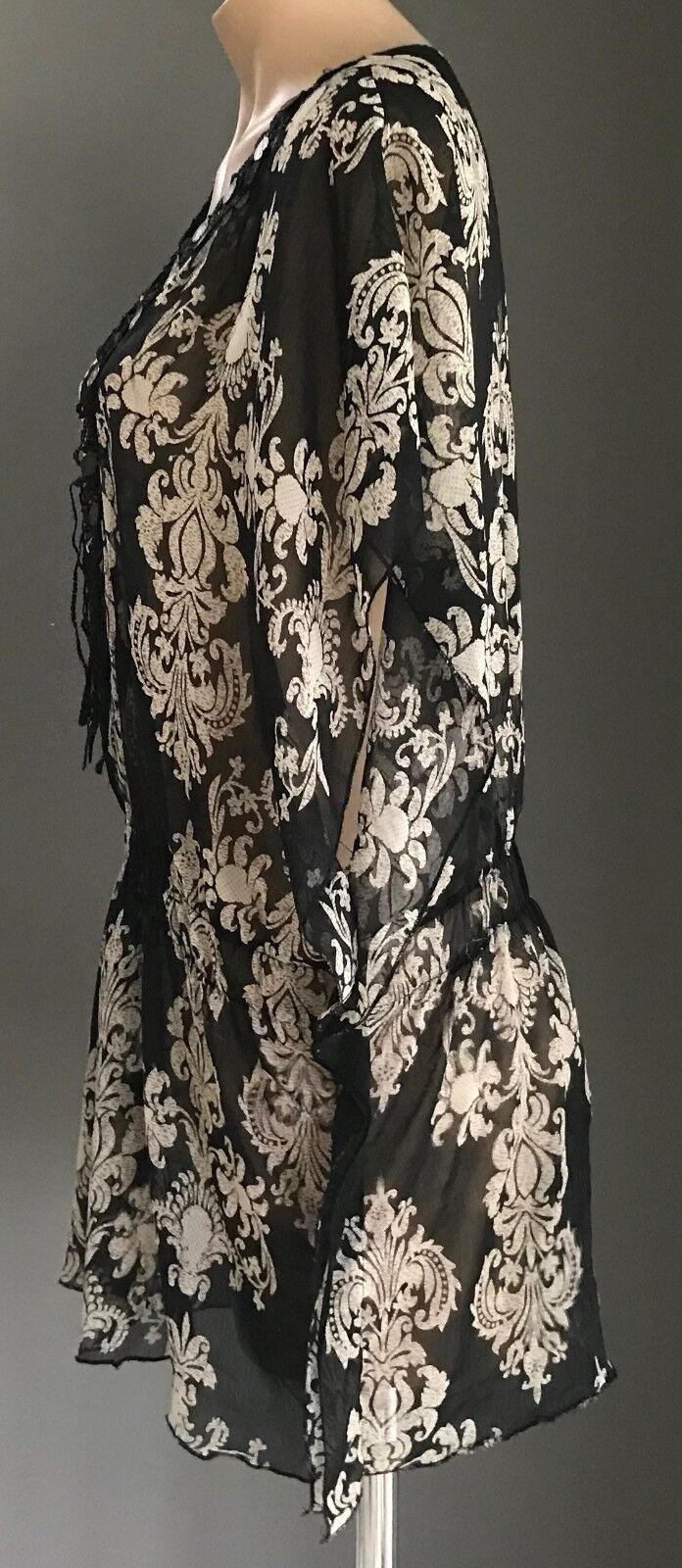 TEABERRY Top Sheer Black Ivory Baroque Print Peasant Style Blouse Size 14