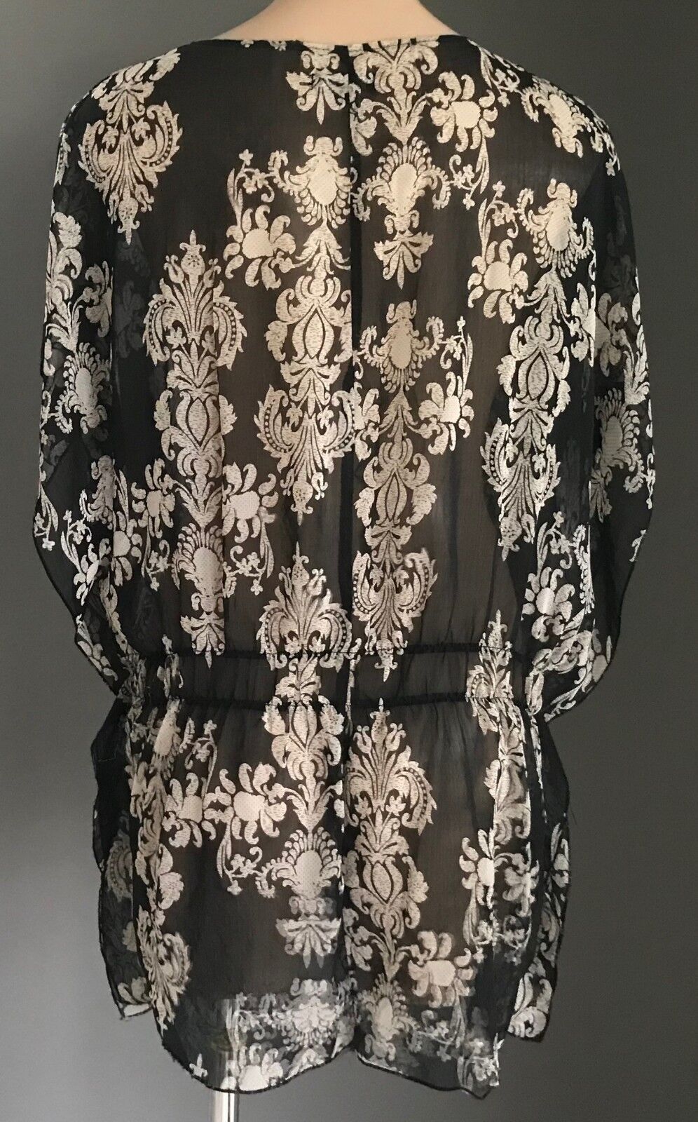 TEABERRY Top Sheer Black Ivory Baroque Print Peasant Style Blouse Size 14