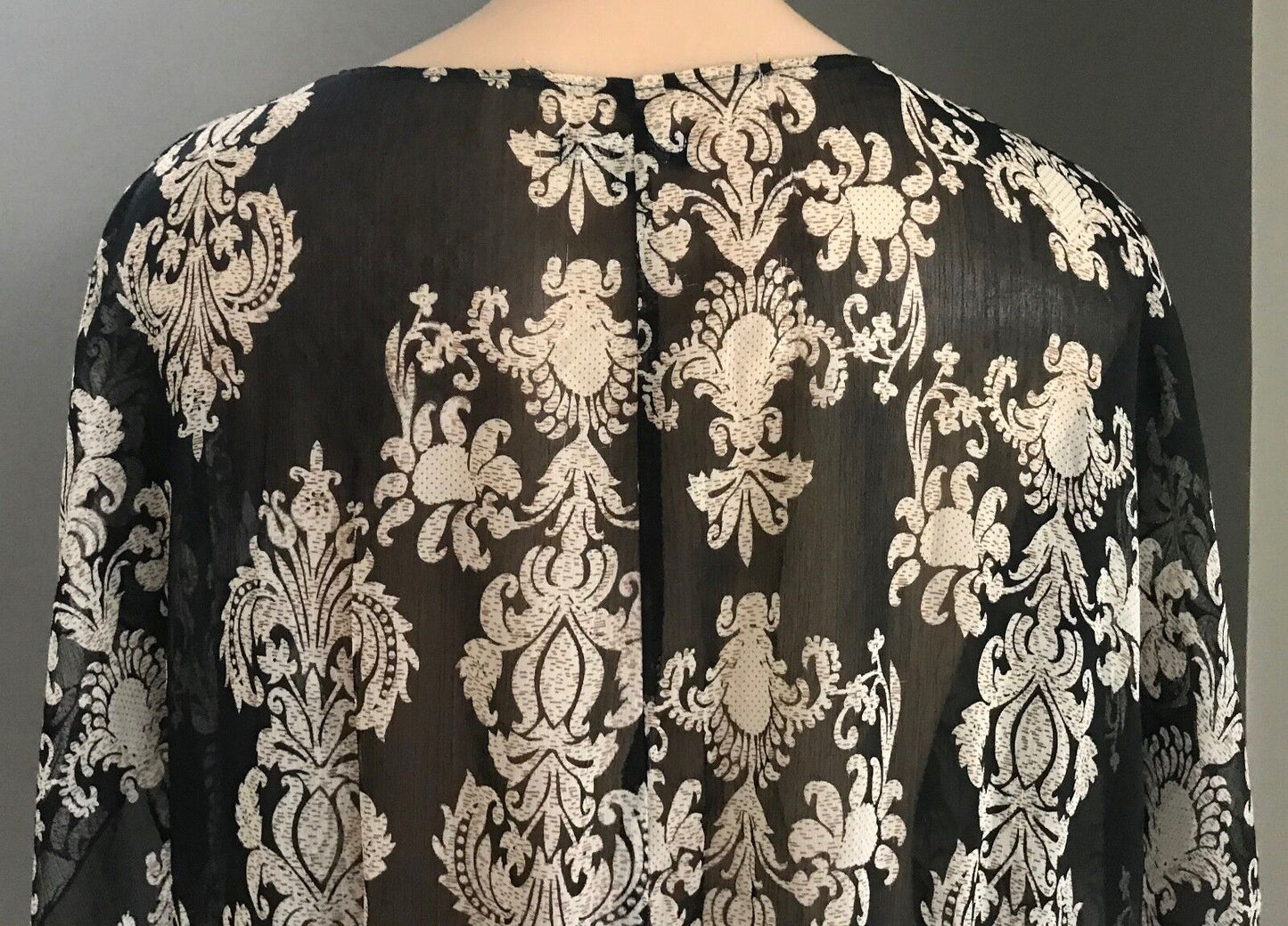 TEABERRY Top Sheer Black Ivory Baroque Print Peasant Style Blouse Size 14