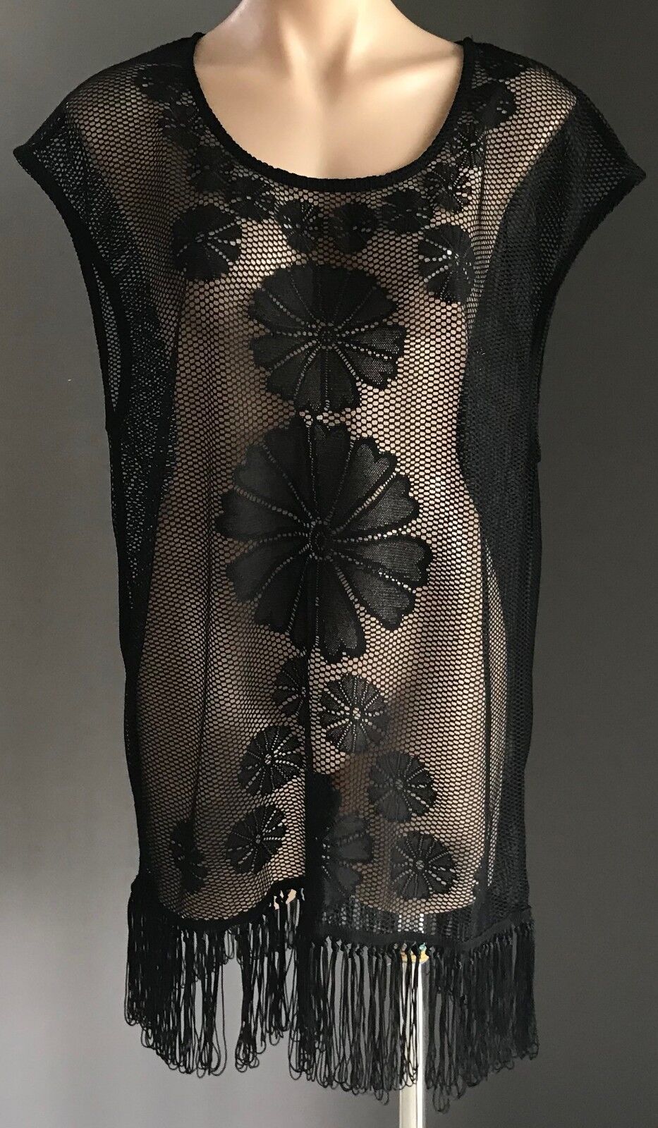 Swimsuit Cover Up Black Floral Net Sleeveless Tunic Top w Fringe Hem Size 12 14