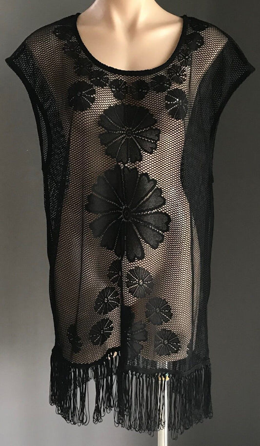 Swimsuit Cover Up Black Floral Net Sleeveless Tunic Top w Fringe Hem Size 12 14