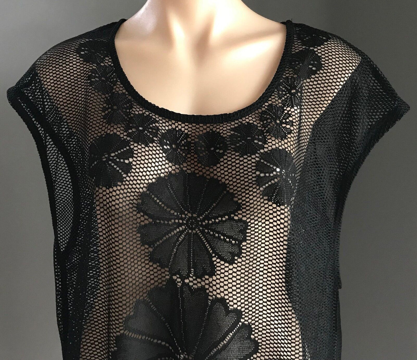 Swimsuit Cover Up Black Floral Net Sleeveless Tunic Top w Fringe Hem Size 12 14