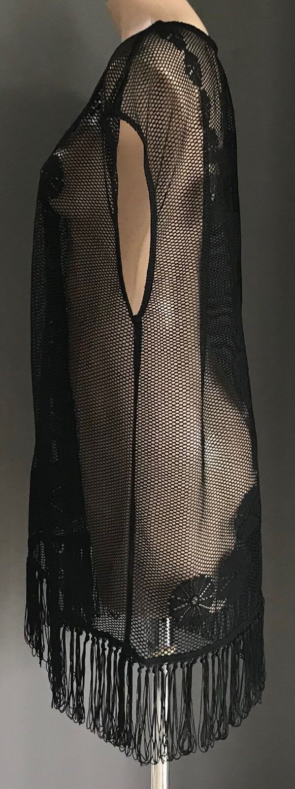 Swimsuit Cover Up Black Floral Net Sleeveless Tunic Top w Fringe Hem Size 12 14