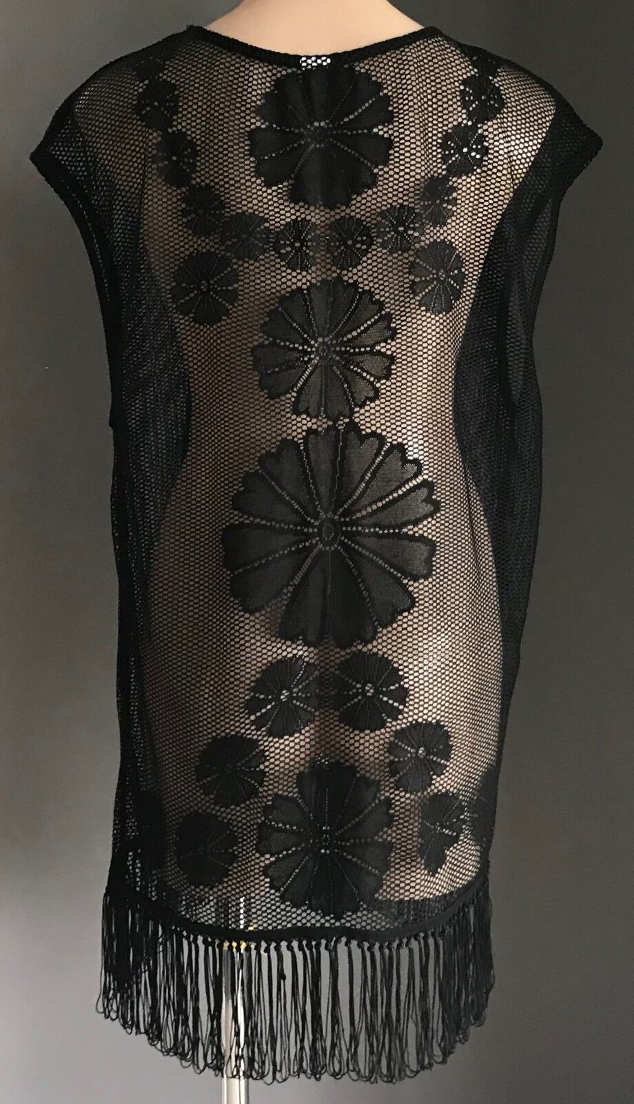 Swimsuit Cover Up Black Floral Net Sleeveless Tunic Top w Fringe Hem Size 12 14