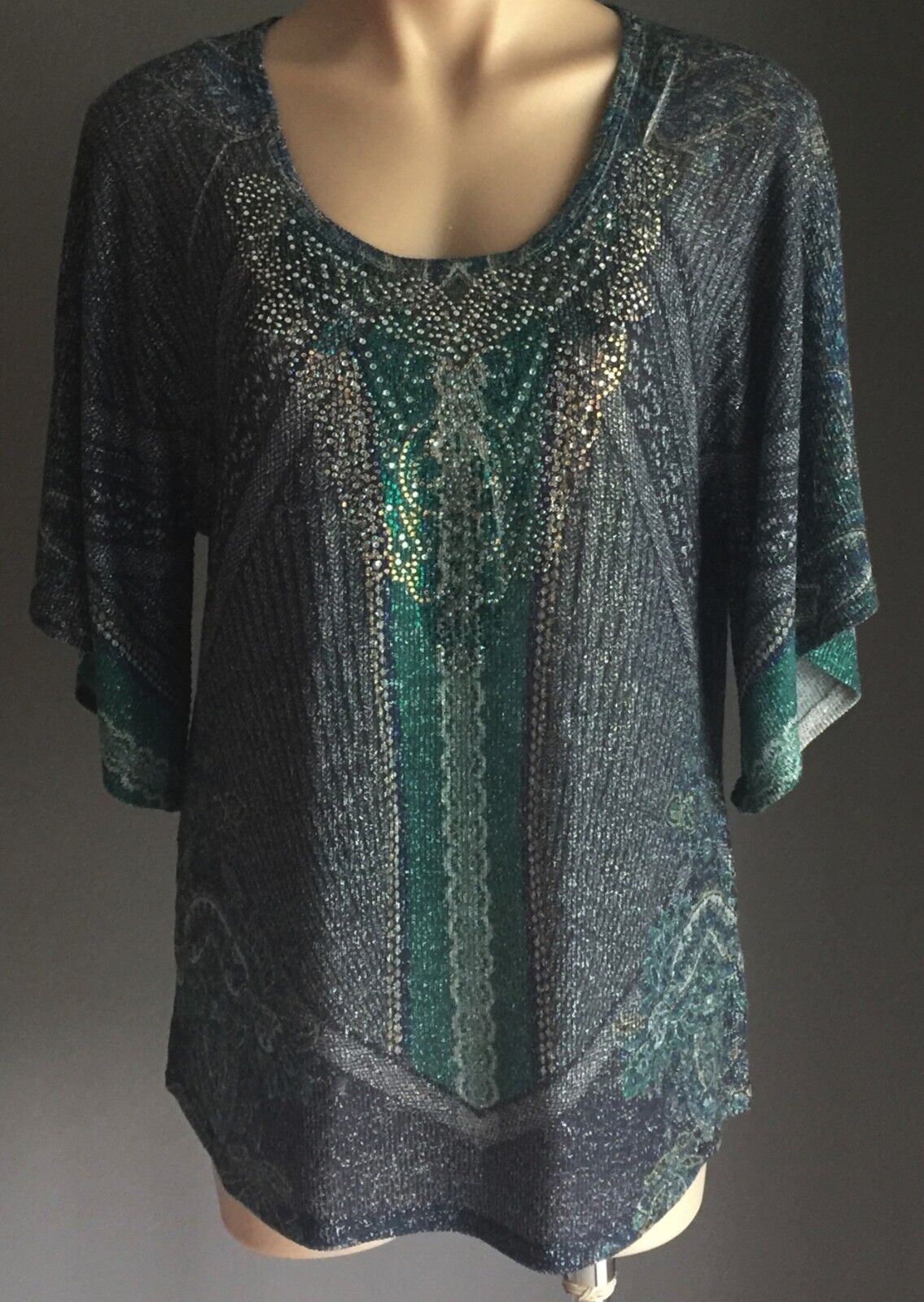 REBA Knit Top Blue Green Gold Silver Embellished Size M 14 16 Stunning Boho Chic