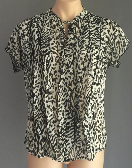 LIZ JORDAN Top Sheer Black & White Leopard Print Short Sleeve Dressy 14 16 New