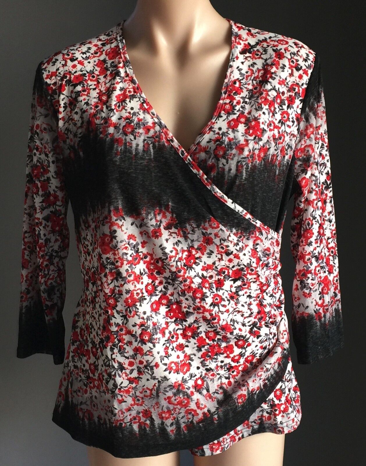 COVER Top Grey Red White Floral Print Wrap 3/4 Sleeve Blouse Size 14 Lovely NEW