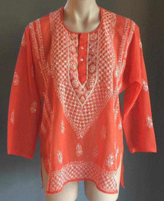 New SHEER KAFTAN TOP  Orange & White Embroidered Sequin Ladies Size 12 - 14