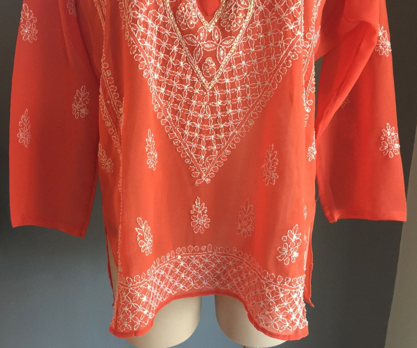 New SHEER KAFTAN TOP  Orange & White Embroidered Sequin Ladies Size 12 - 14