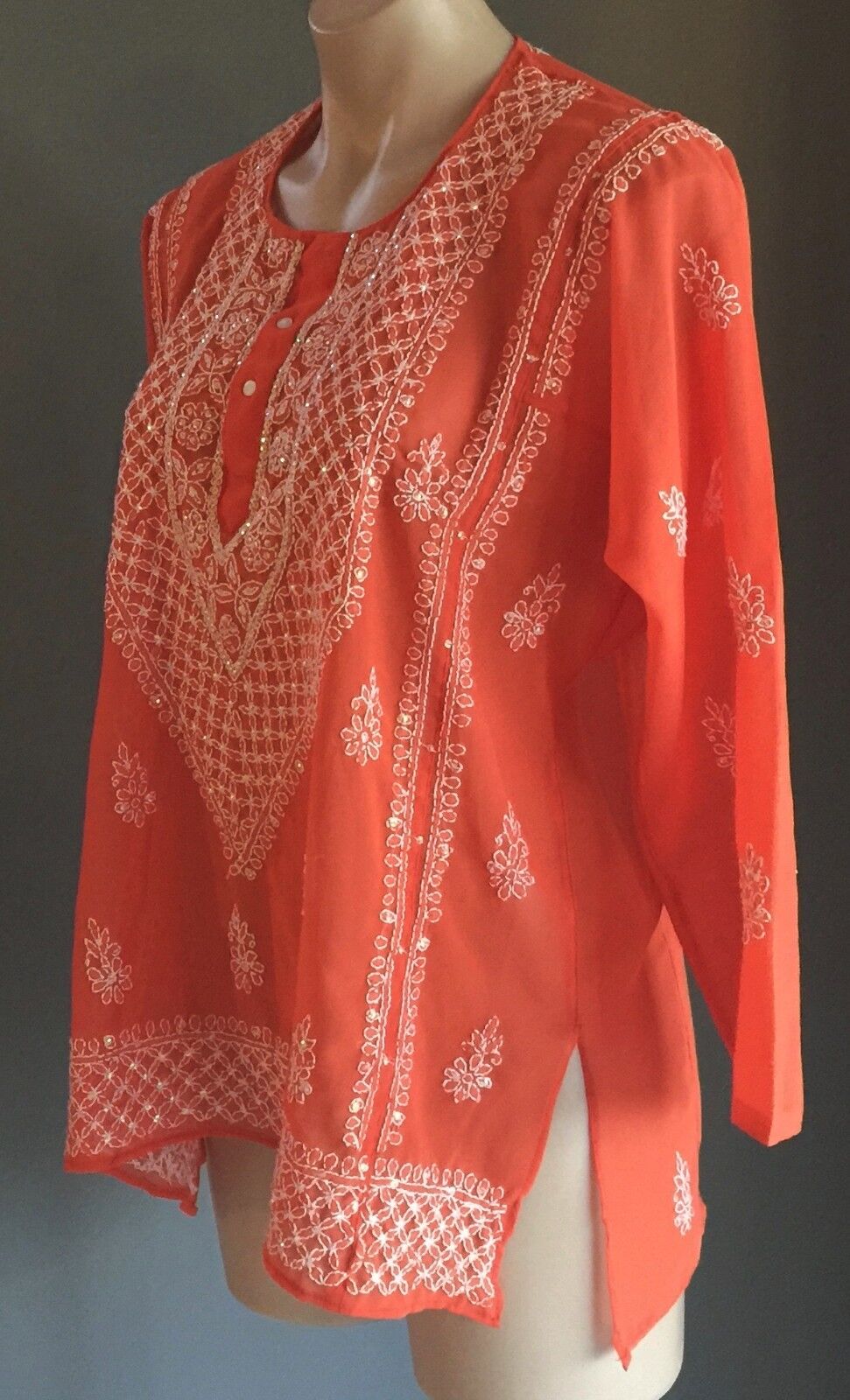 New SHEER KAFTAN TOP  Orange & White Embroidered Sequin Ladies Size 12 - 14