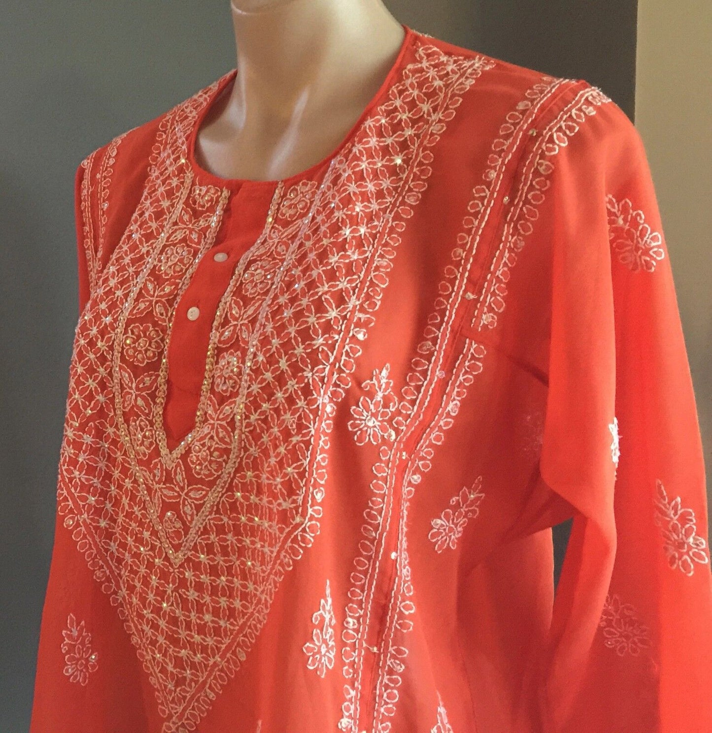 New SHEER KAFTAN TOP  Orange & White Embroidered Sequin Ladies Size 12 - 14