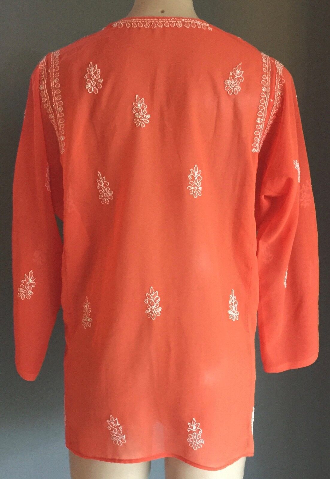 New SHEER KAFTAN TOP  Orange & White Embroidered Sequin Ladies Size 12 - 14