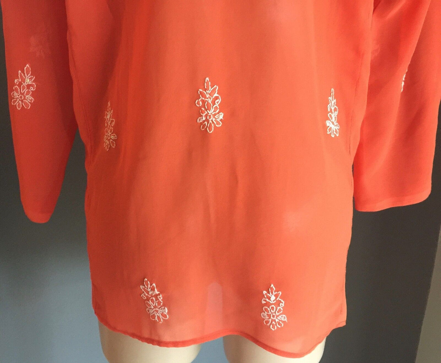 New SHEER KAFTAN TOP  Orange & White Embroidered Sequin Ladies Size 12 - 14