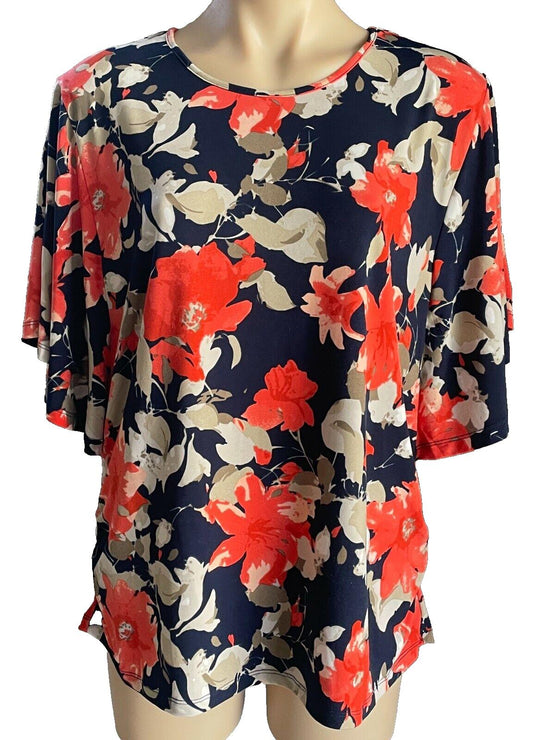 NONI B Top Navy Blue Floral Short Butterfly Sleeve Stretch Blouse Size L 12 14