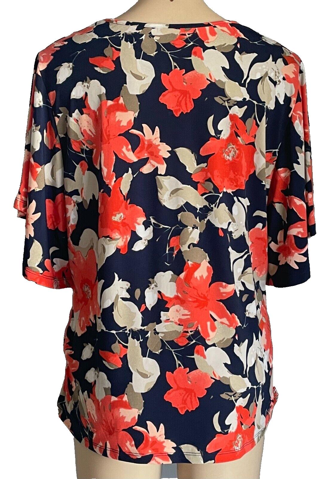 NONI B Top Navy Blue Floral Short Butterfly Sleeve Stretch Blouse Size L 12 14