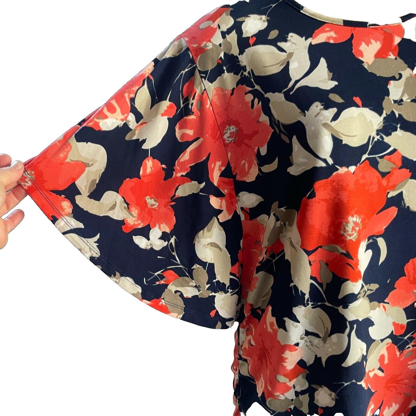 NONI B Top Navy Blue Floral Short Butterfly Sleeve Stretch Blouse Size L 12 14